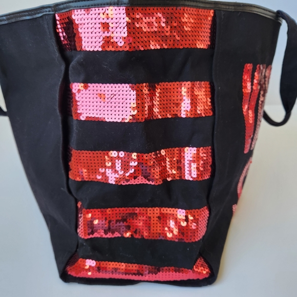 Victoria's Secret Logo Sequin Tote Bag Black Canvas Red Pink Large - Picture 6 of 14